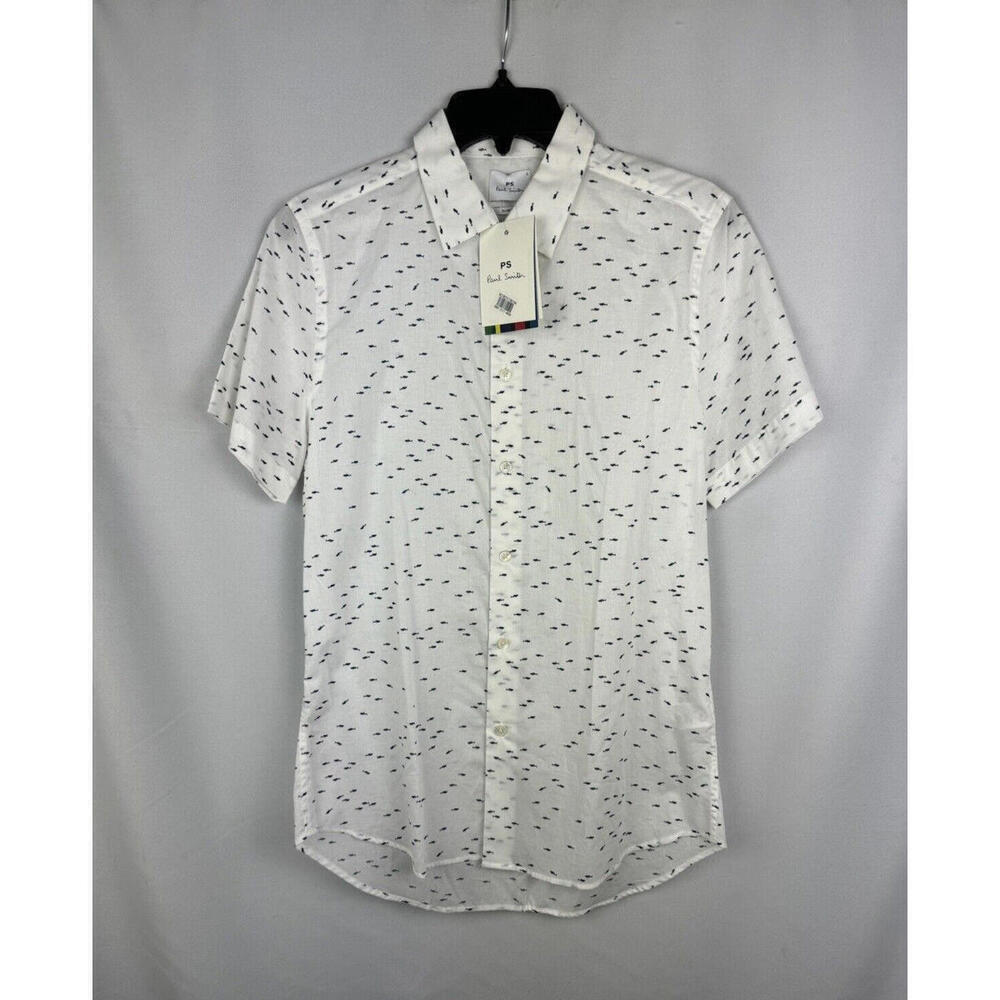 Paul Smith Shark Pattern Slim Fit Button-Up Short Sleeve Shirt White Size S